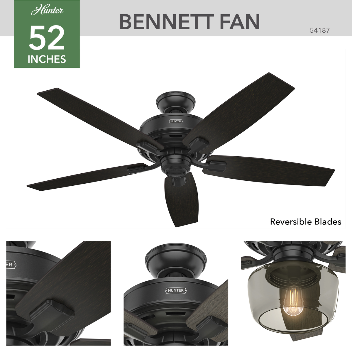 52 inch Bennett Matte Black Ceiling Fan with LED Light Kit