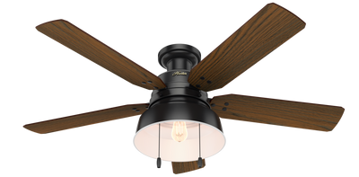 52 inch Mill Valley Matte Black Low Profile Damp Rated Ceiling Fan with LED Light Kit and Pull Chain