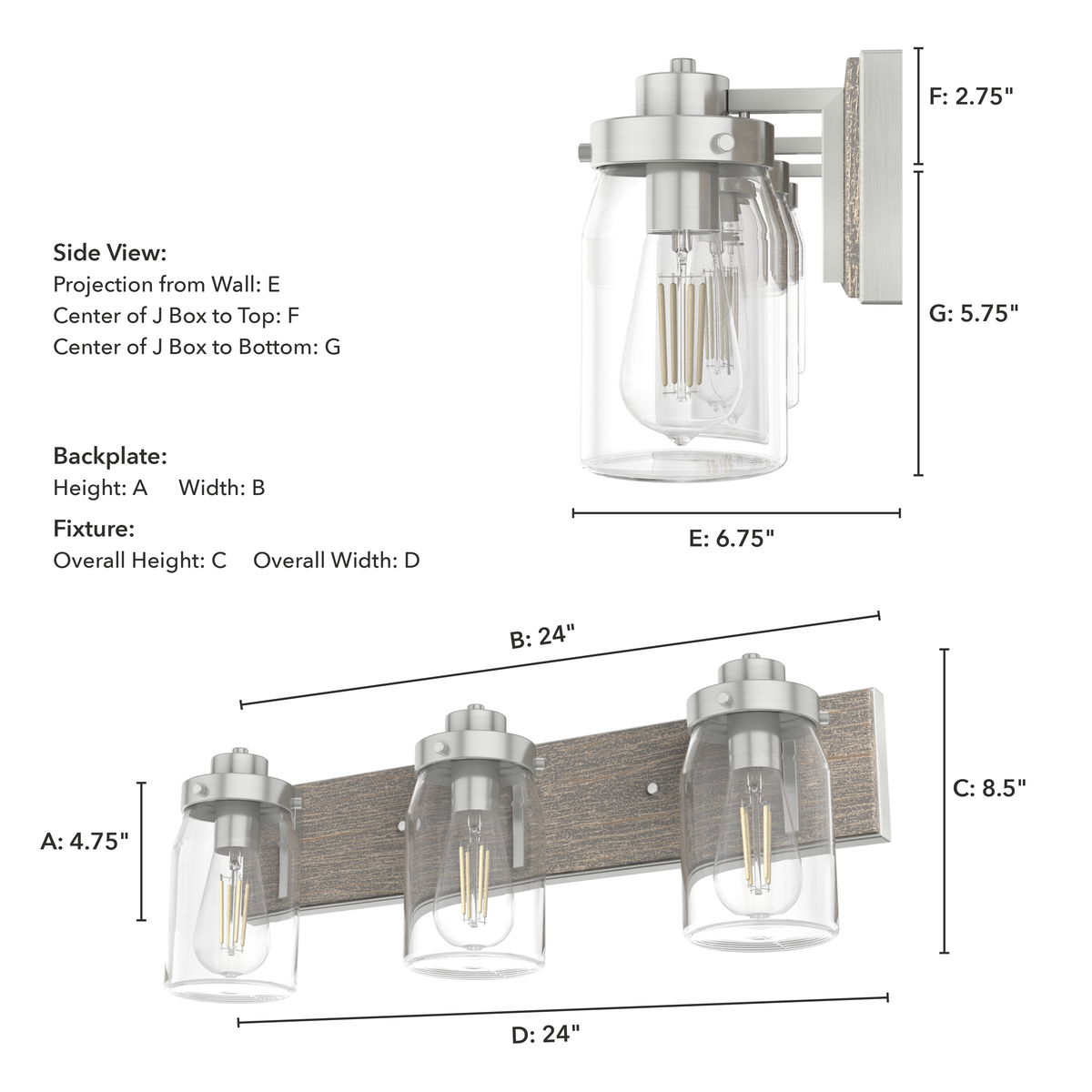 Devon Park 24-inch 3-light Brushed Nickel and Grey Wood Vanity Light with Clear Glass