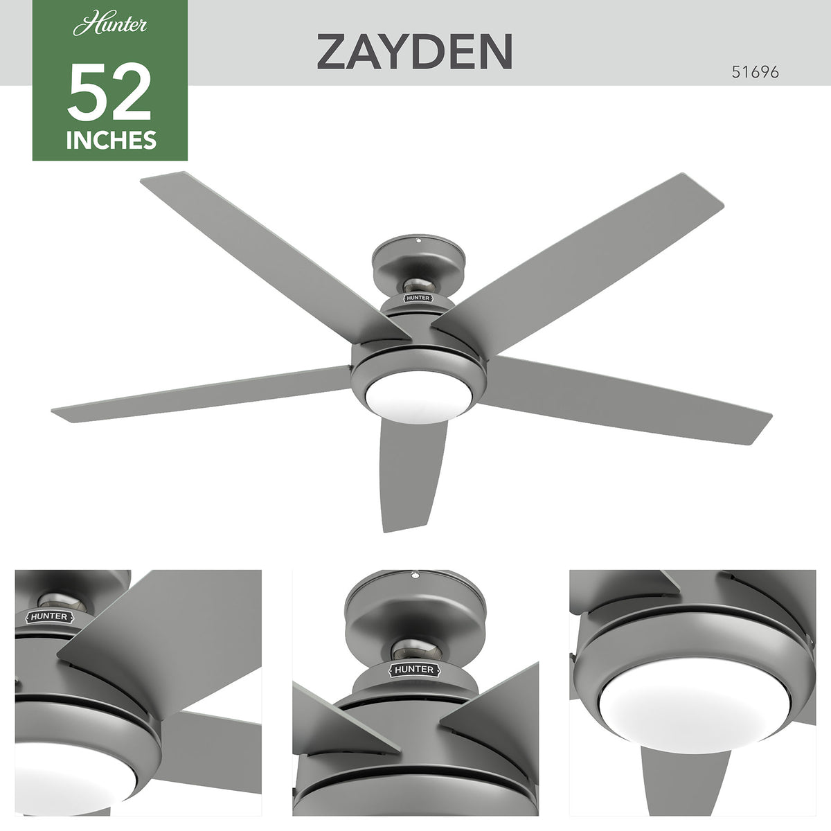 52 inch Zayden Matte Silver Ceiling Fan with LED Light Kit and Handheld Remote