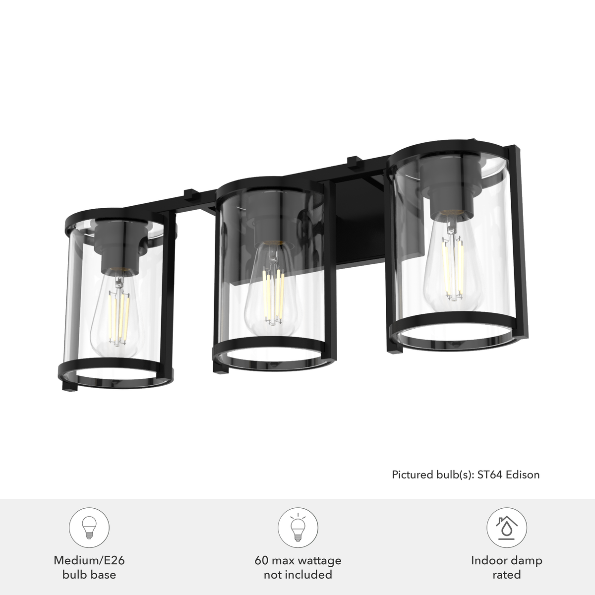 Astwood 24.25-inch 3-light Matte Black Vanity Light with Clear Glass