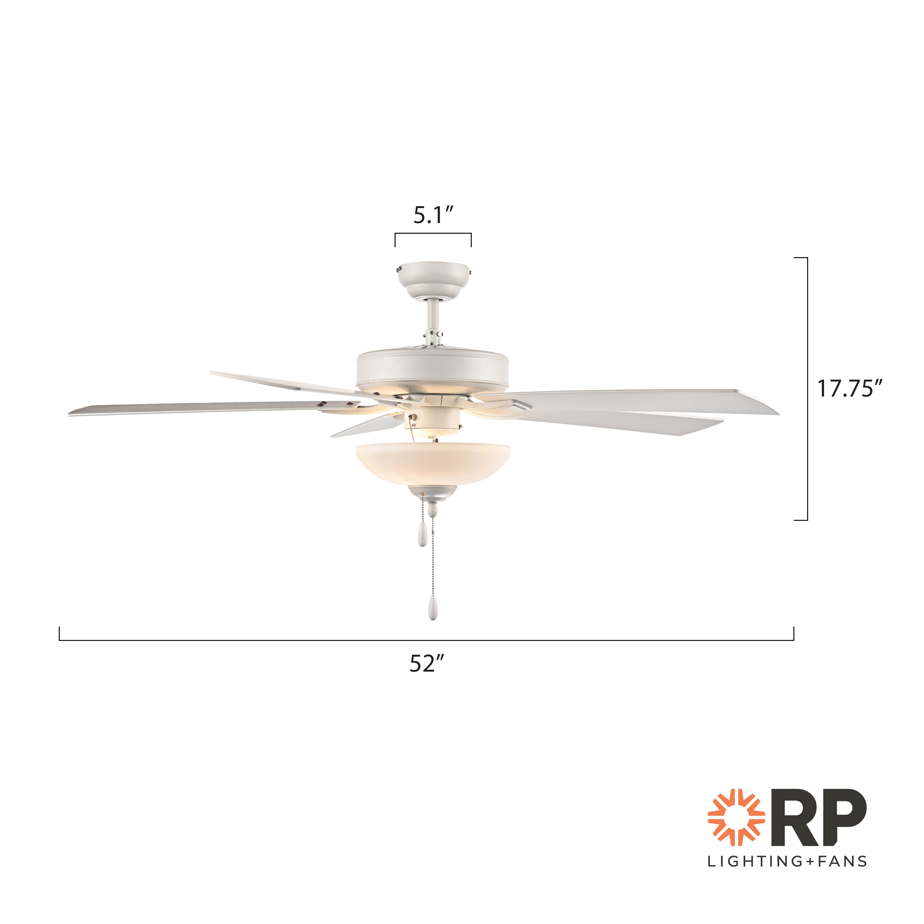 52 Inch Galeson AC Matte White Indoor Ceiling Fan 5-Blade 2 Lights Reversible