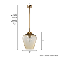 Vidria 12-inch 1-light Alturas Gold Pendant with Amber Iridescent Glass