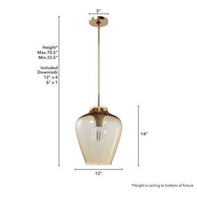 Vidria 12-inch 1-light Alturas Gold Pendant with Amber Iridescent Glass