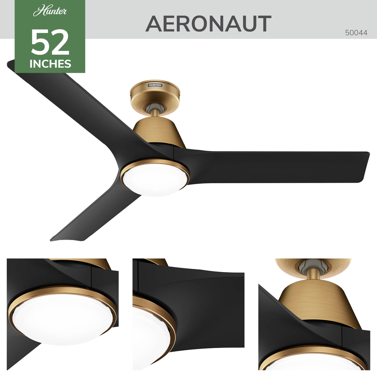 52 inch Aeronaut Wi-Fi ENERGY STAR® Luxe Gold Damp Rated Ceiling Fan with LED Light Kit and Handheld Remote