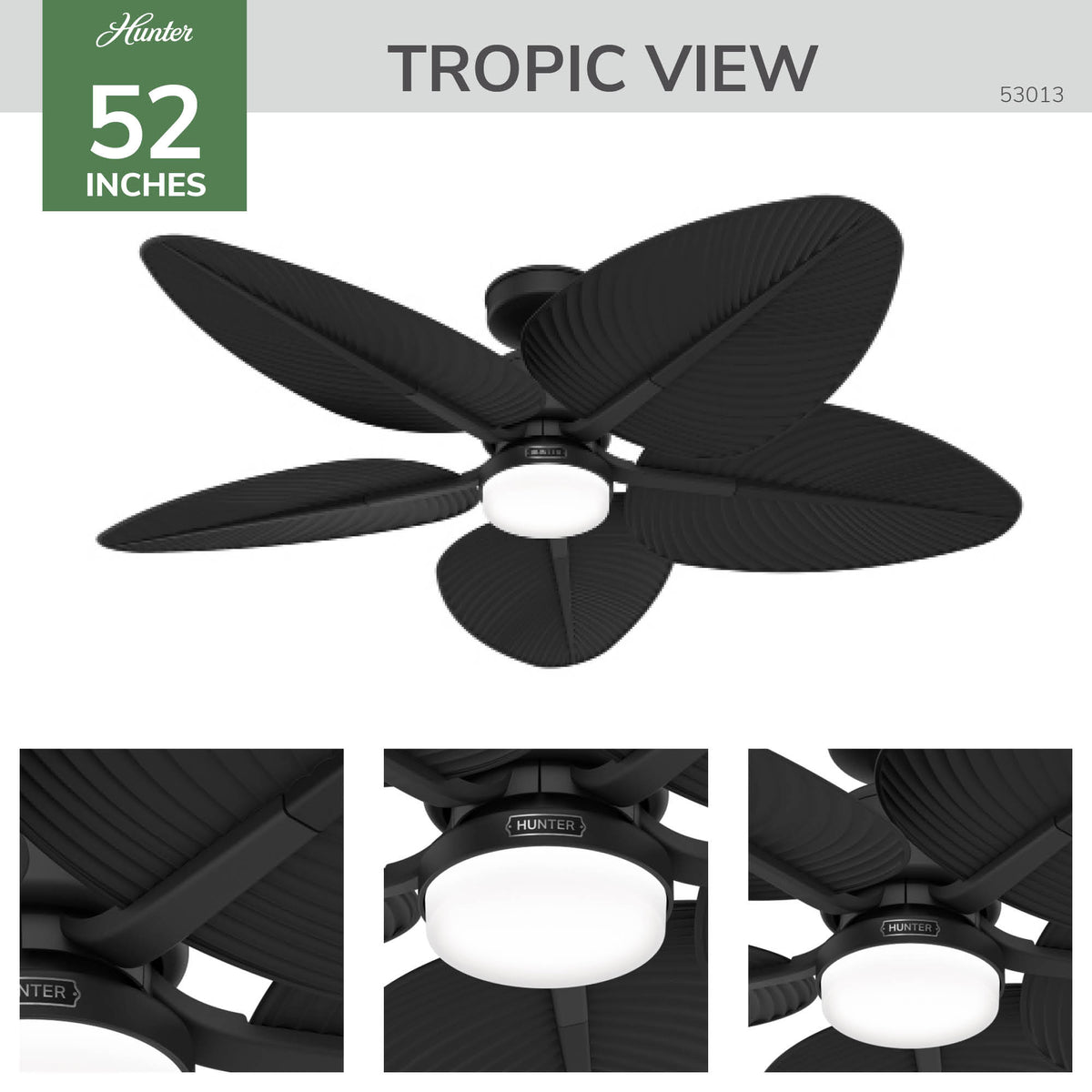 52 inch Tropic View Matte Black Damp Rated Ceiling Fan with LED Light Kit and Wall Control