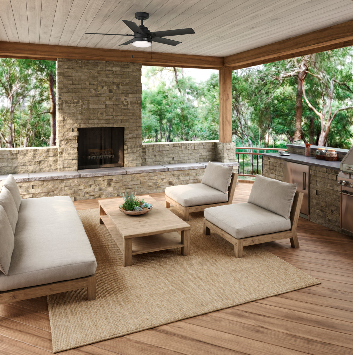 52 inch Sea Point Matte Black WeatherMax Indoor / Outdoor Ceiling Fan with LED Light Kit and Pull Chain