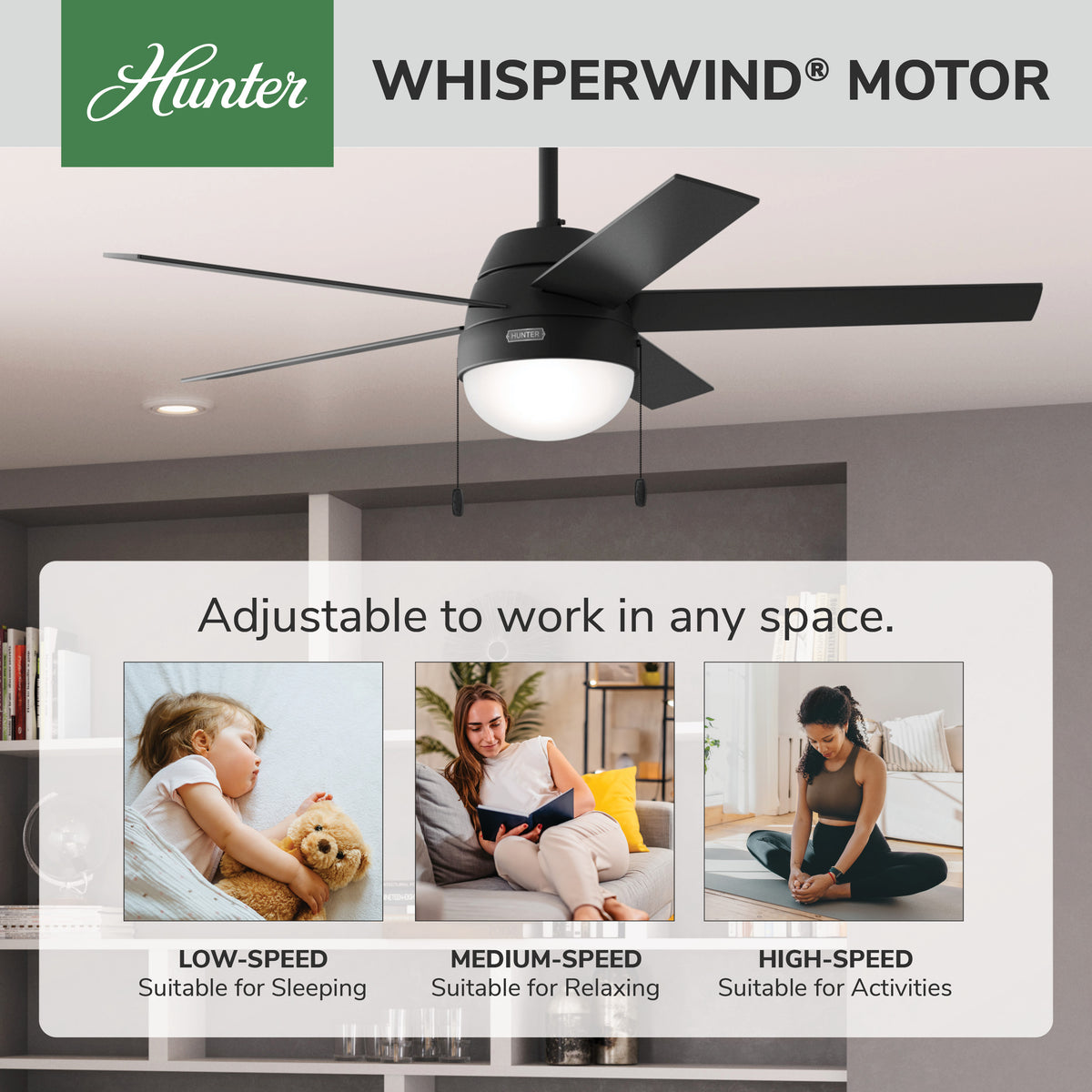 52 inch Anslee Matte Black Ceiling Fan with LED Light Kit and Pull Chain