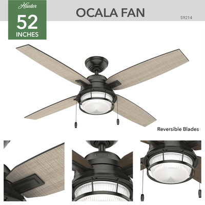 52 inch Ocala Noble Bronze Damp Rated Ceiling Fan with LED Light Kit and Pull Chain