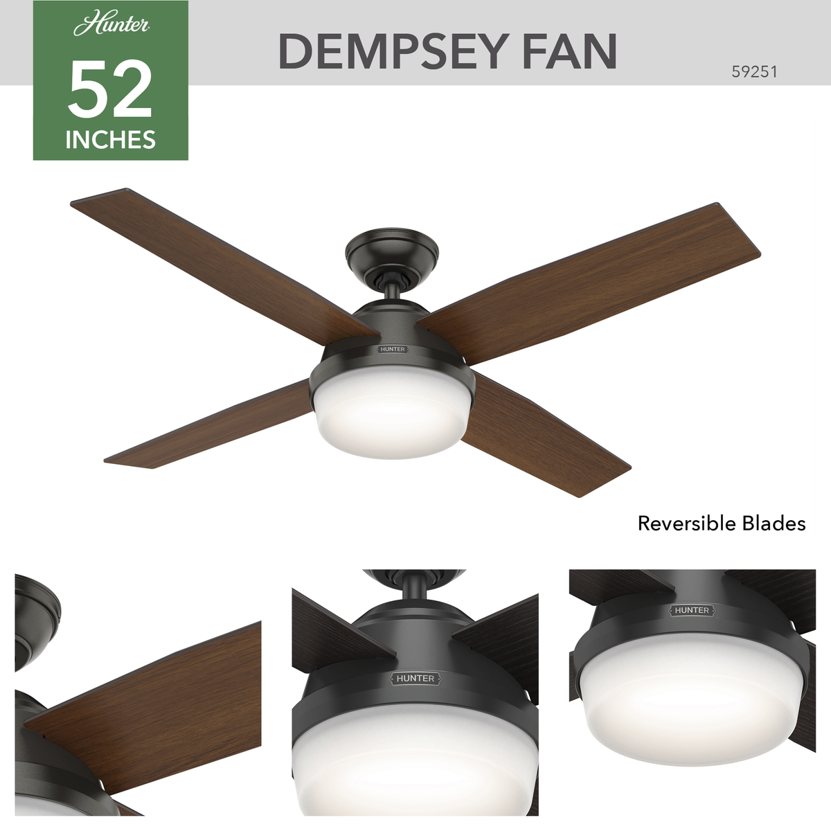 52 inch Dempsey Matte Black Damp Rated Ceiling Fan with LED Light Kit and Handheld Remote
