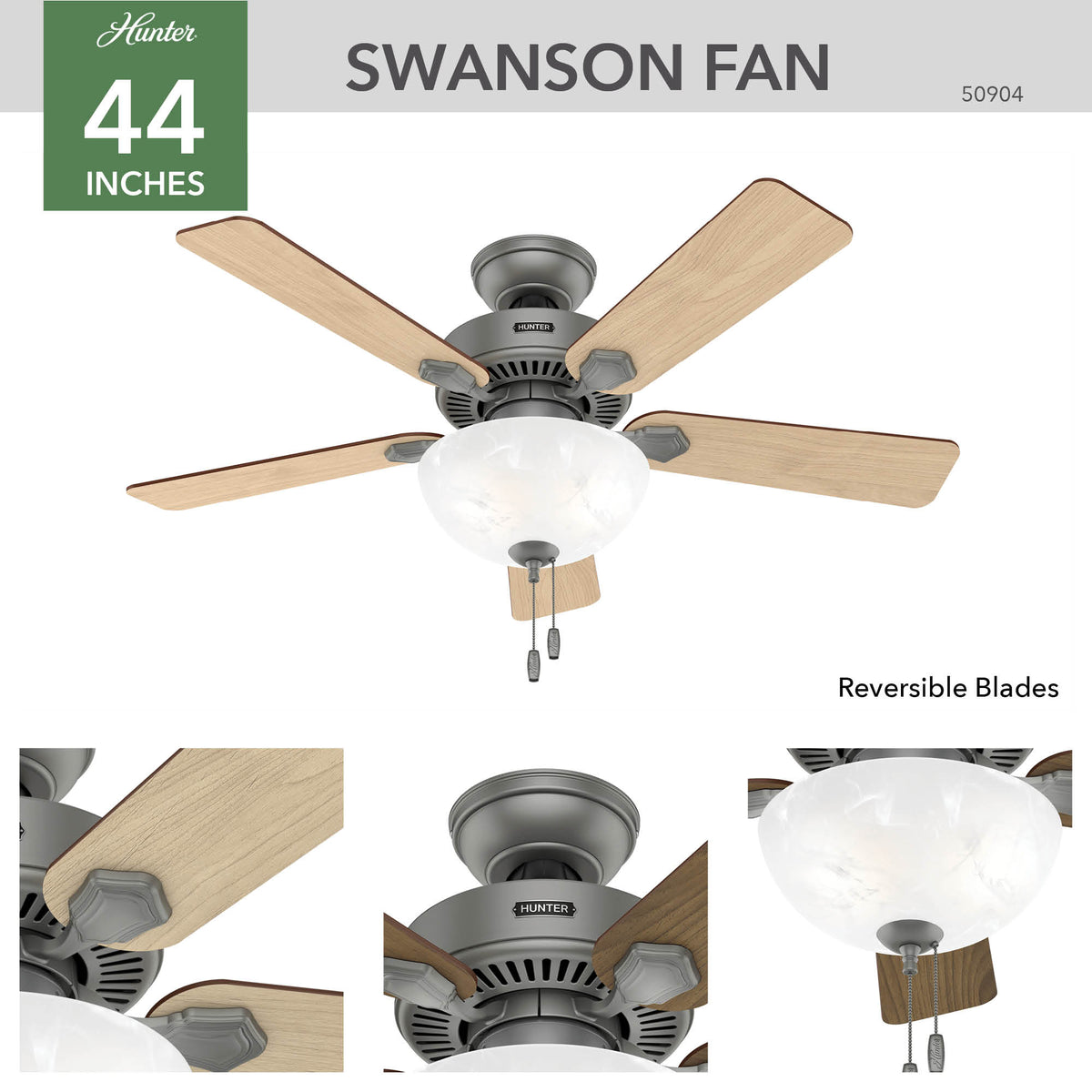 44 inch Swanson Matte Silver Ceiling Fan with LED Light Kit and Pull Chain