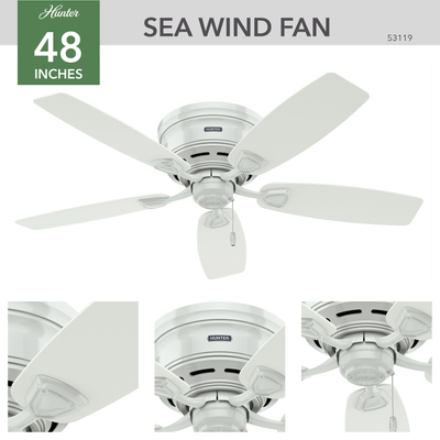 48 inch Sea Wind White Low Profile Damp Rated Ceiling Fan and Pull Chain