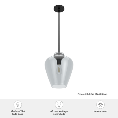 Vidria 12-inch 1-light Matte Black Pendant with Smoked Glass