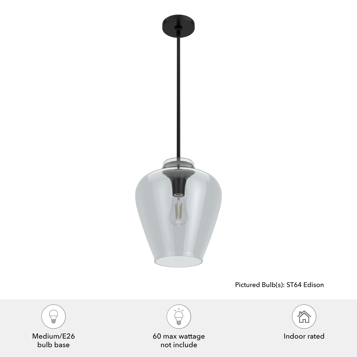 Vidria 12-inch 1-light Matte Black Pendant with Smoked Glass
