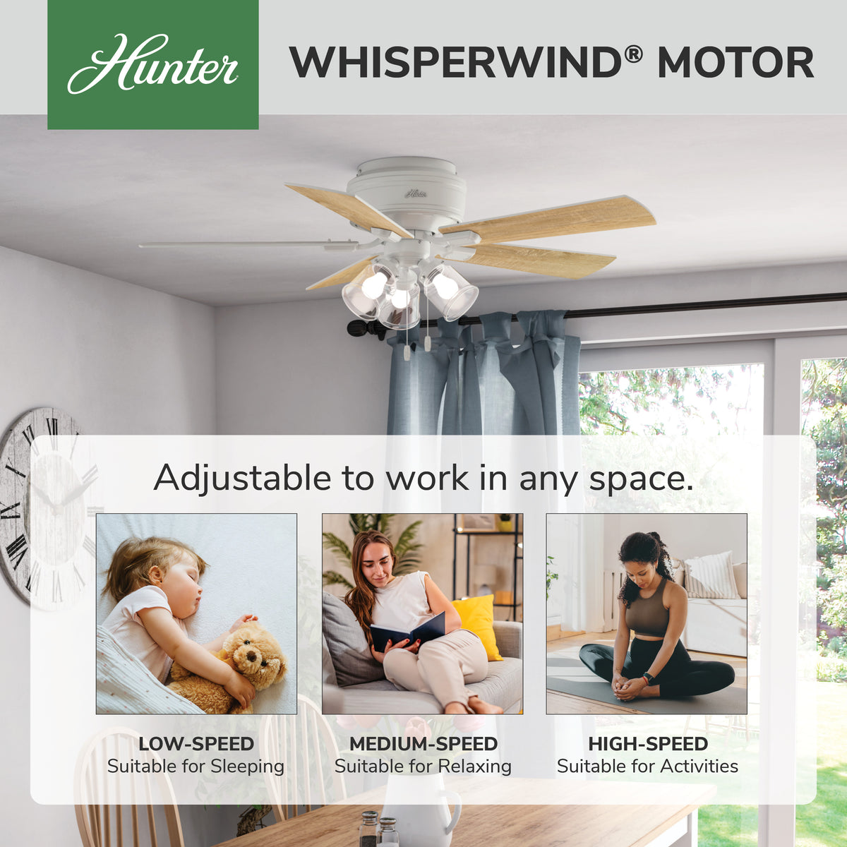 52 inch Crestfield Fresh White Low Profile Ceiling Fan with LED Light Kit and Pull Chain