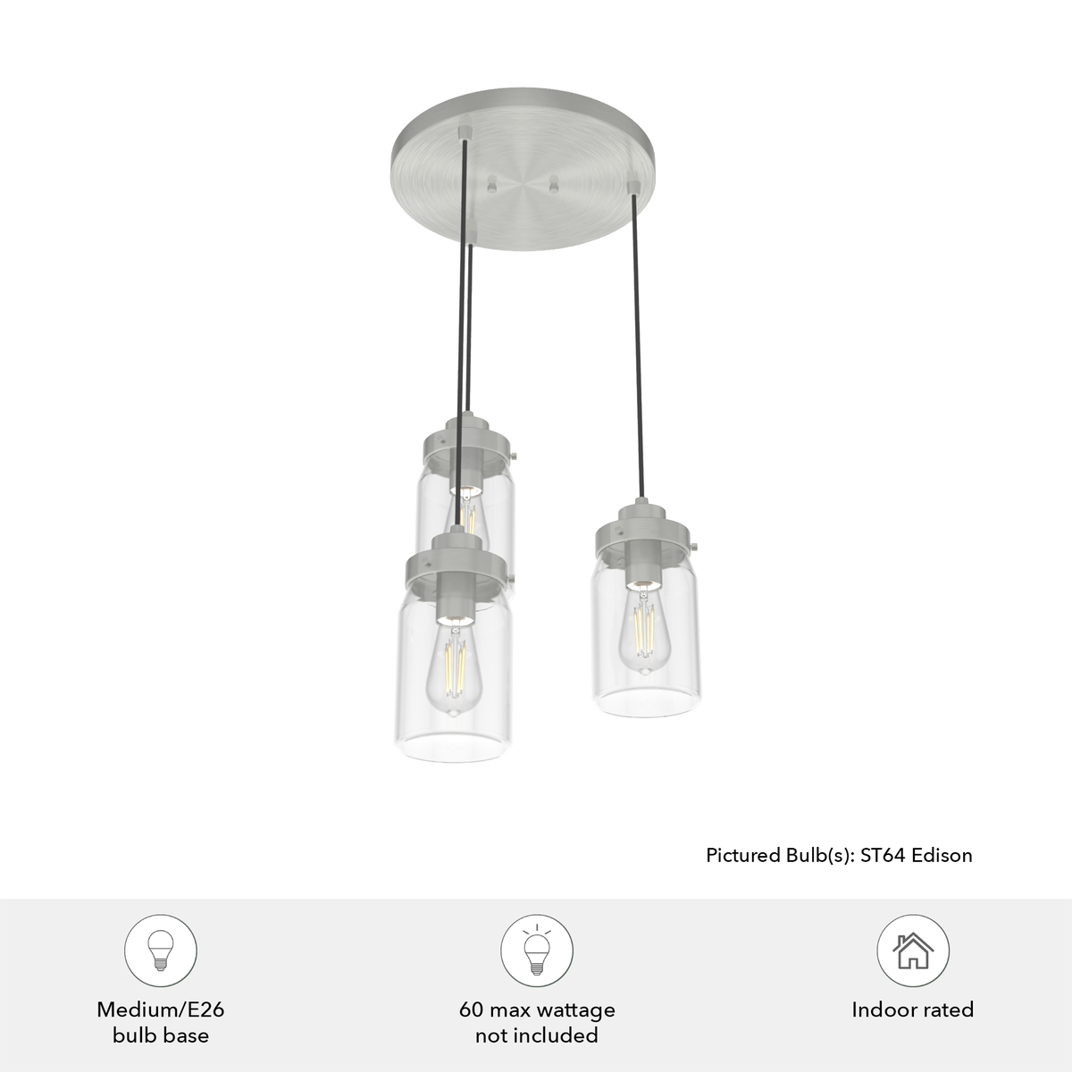 Devon Park 14.5-inch 3-light Brushed Nickel Round Pendant Cluster with Clear Glass