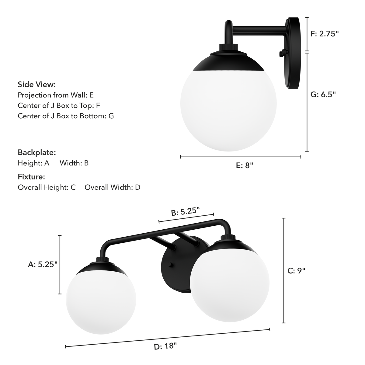 Hepburn 18-inch 2-light Matte Black Vanity Light with Cased White Glass