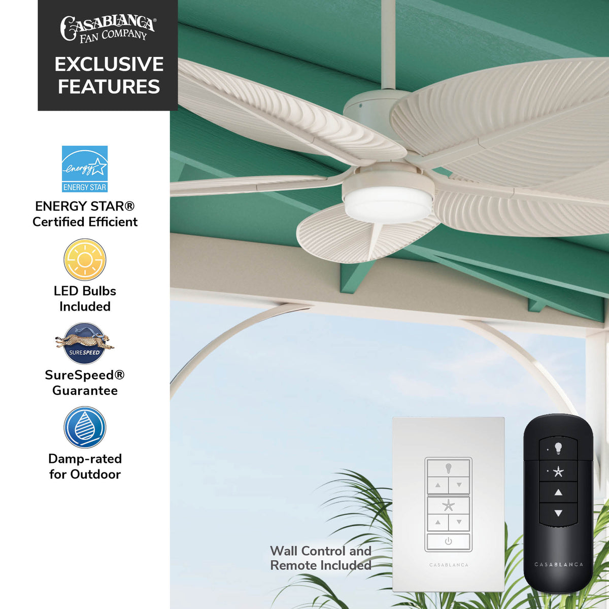 Casablanca 52 inch Coveview ENERGY STAR® Cream Damp Rated Ceiling Fan with LED Light Kit and Wall Control and Handheld Remote