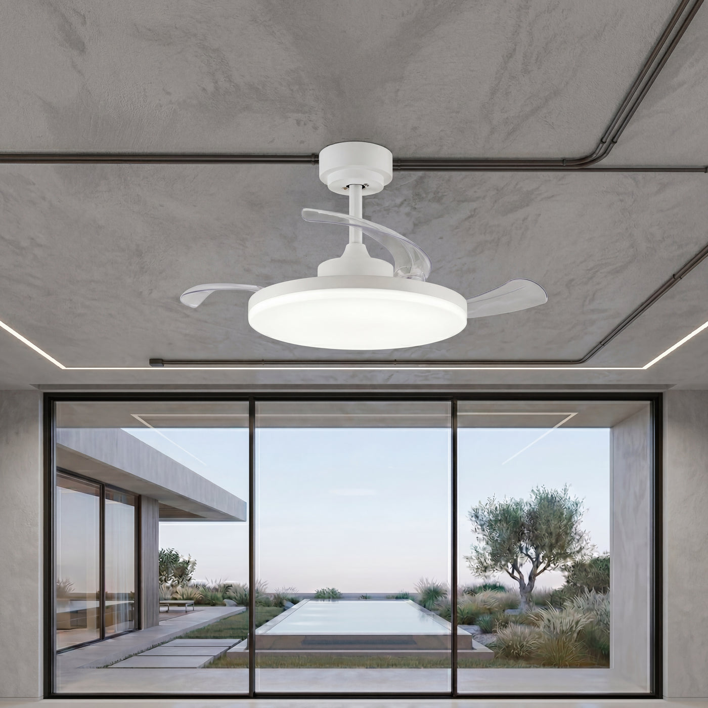 42 Inch White Retractable Blade Ceiling Fan