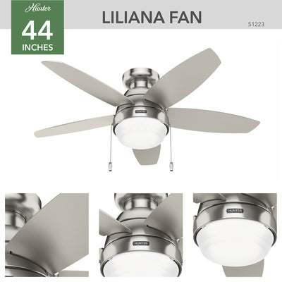 44 inch Lilliana Brushed Nickel Low Profile Ceiling Fan with LED Light Kit and Pull Chain