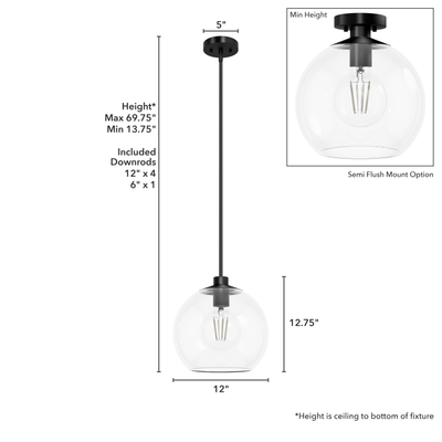 Xidane 12-inch 1-light Matte Black Globe Pendant with Clear Glass