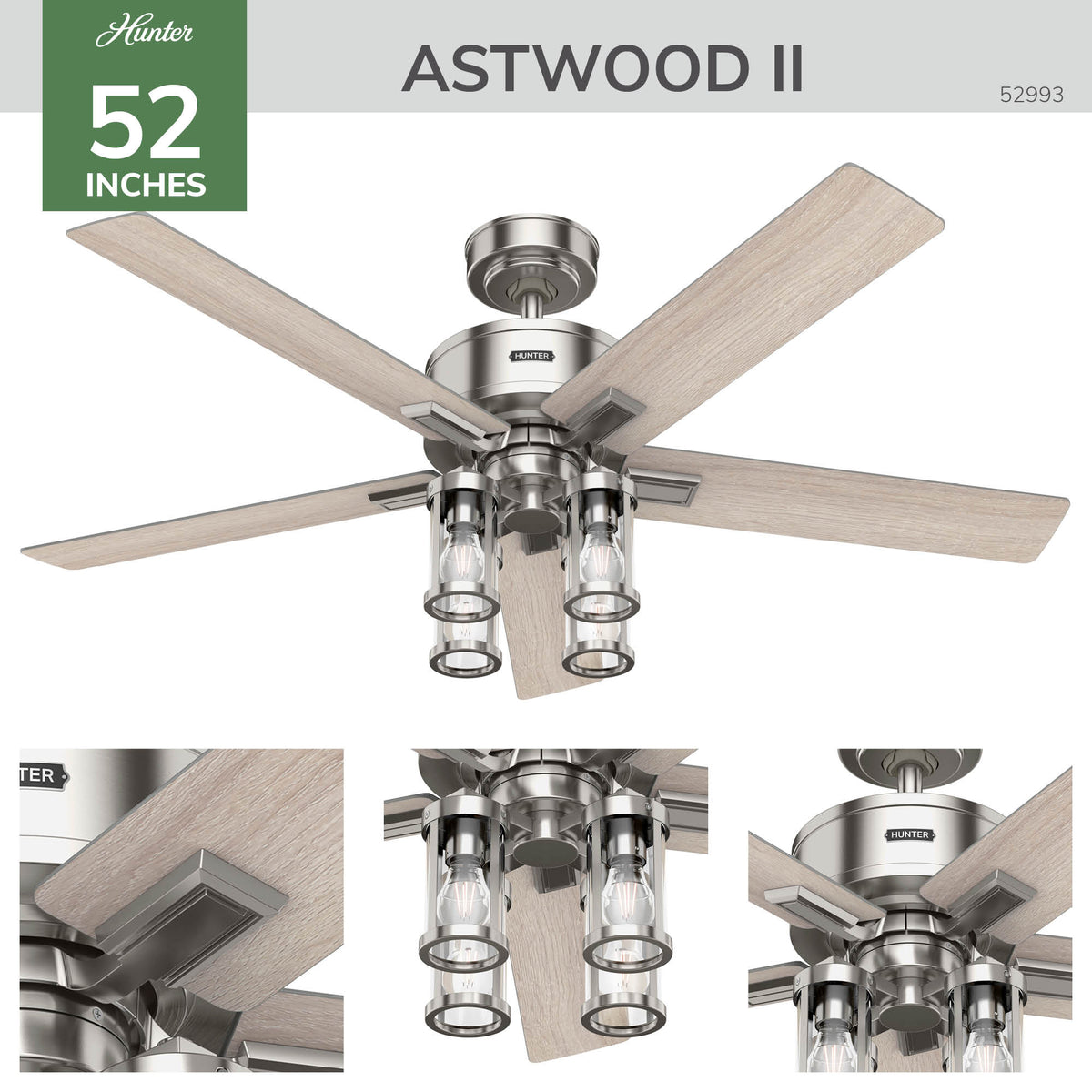 52 inch Astwood II  Brushed Nickel Ceiling Fan with LED Light Kit and Handheld Remote