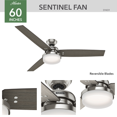 60 inch Sentinel Brushed Nickel Ceiling Fan with LED Light Kit and Handheld Remote