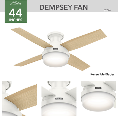 44 inch Dempsey Fresh White Low Profile Ceiling Fan with LED Light Kit and Handheld Remote
