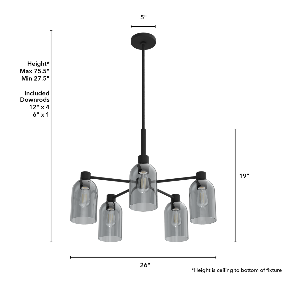 Lochemeade 26-inch 5-light Natural Black Iron Chandelier with Smoked Glass