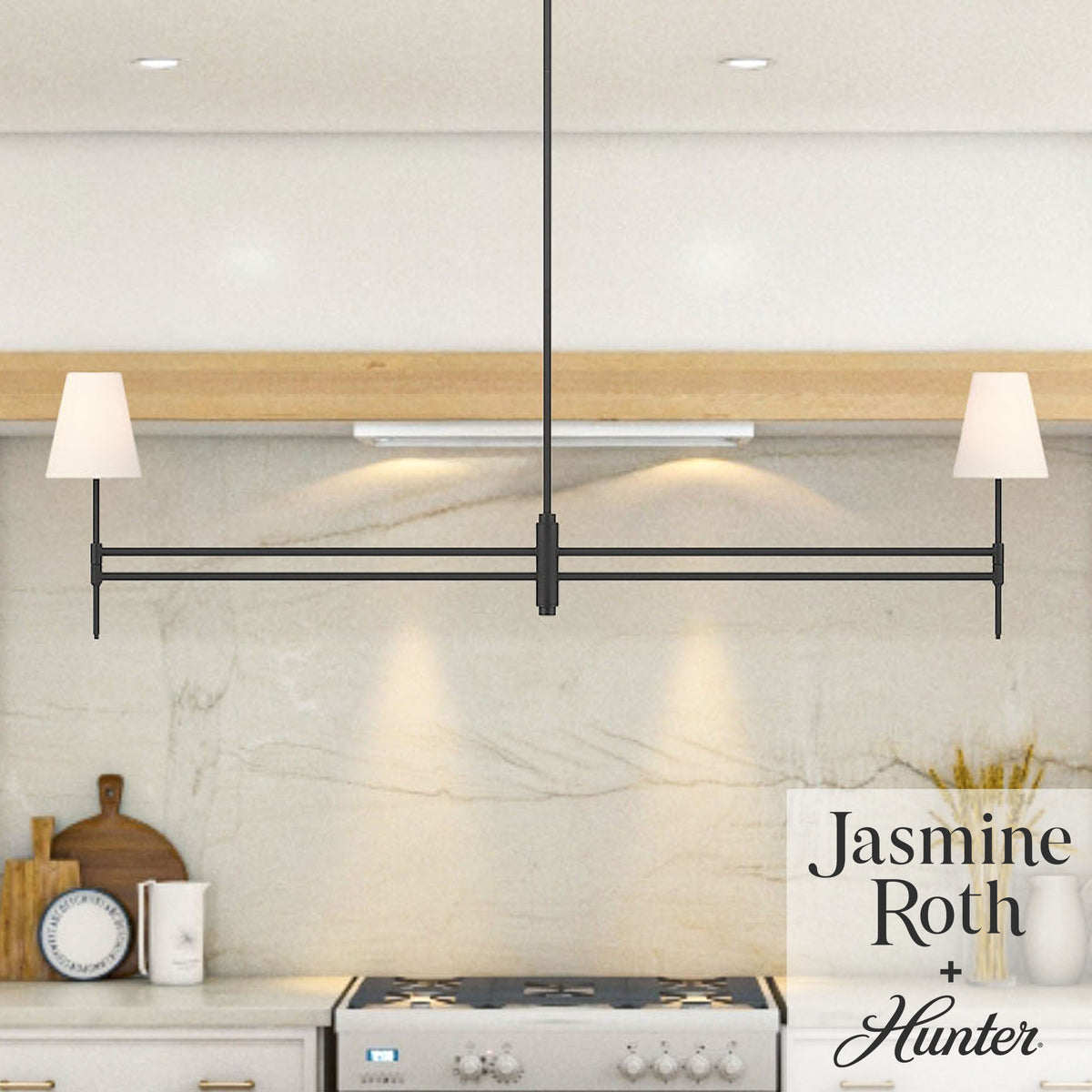 Camelia Stem 53-inch 2-light Matte Black and Off White Linen Linear Chandelier with White Linen Fabric Shade