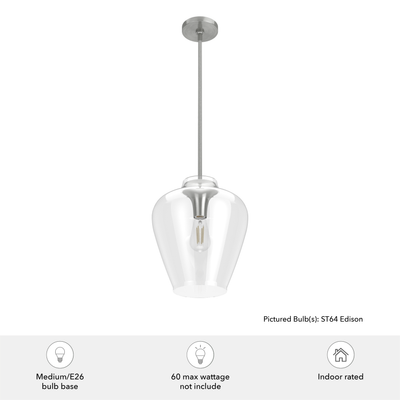 Vidria 12-inch 1-light Brushed Nickel Pendant with Clear Glass