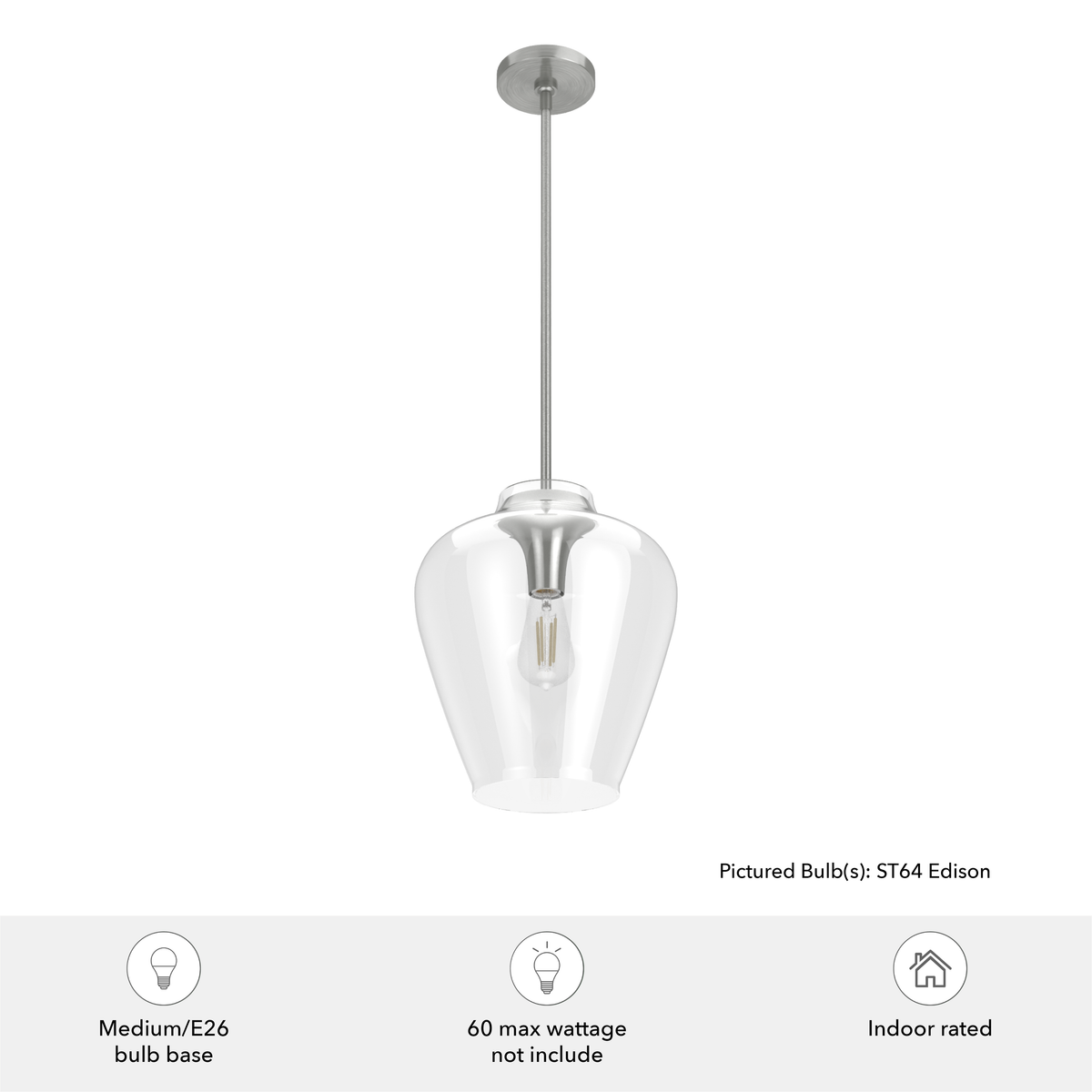 Vidria 12-inch 1-light Brushed Nickel Pendant with Clear Glass