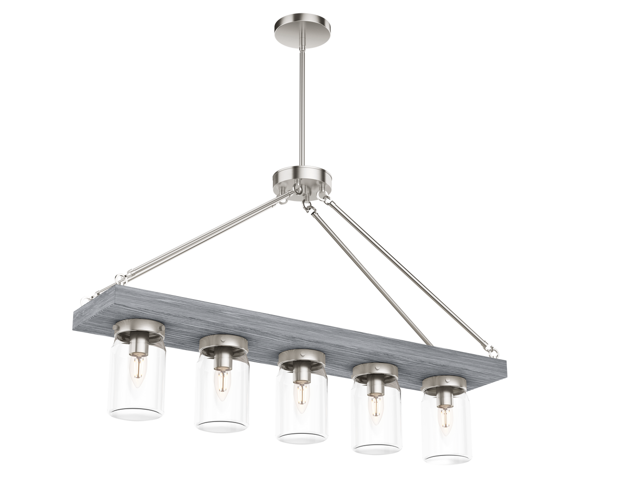Devon Park 38-inch 5-light Brushed Nickel and Grey Wood Linear Chandelier with Clear Glass