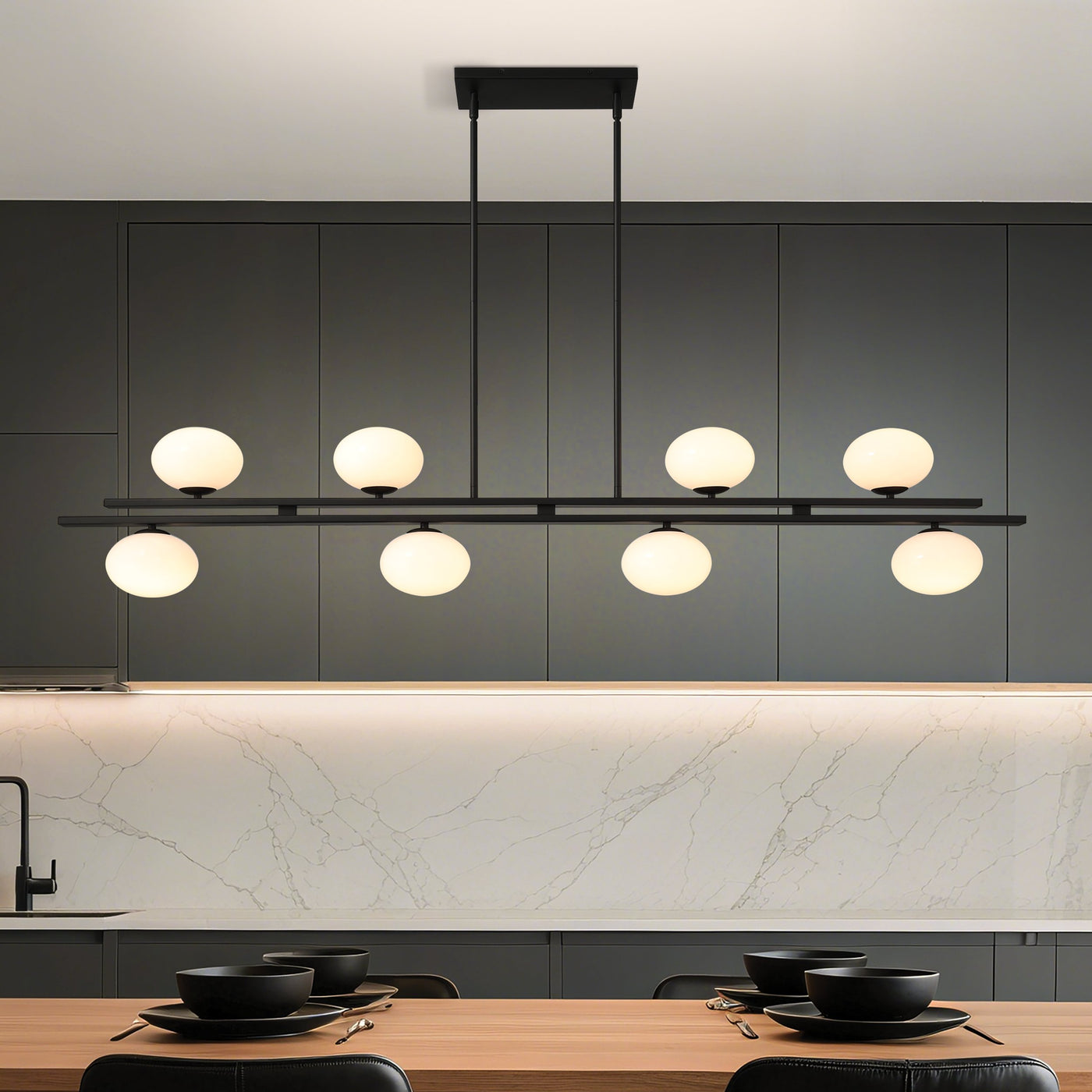 Julep 64-inch 8-light Matte Black Linear Chandelier with Opal Glass Shades