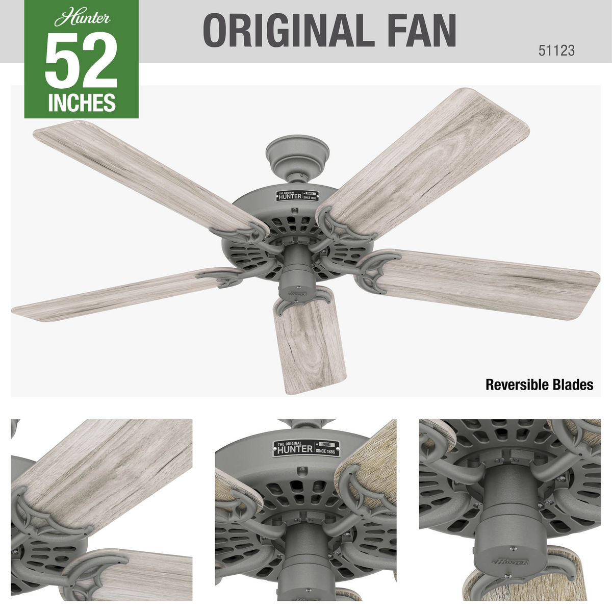 52 inch Original Matte Silver Damp Rated Ceiling Fan and Pull Chain