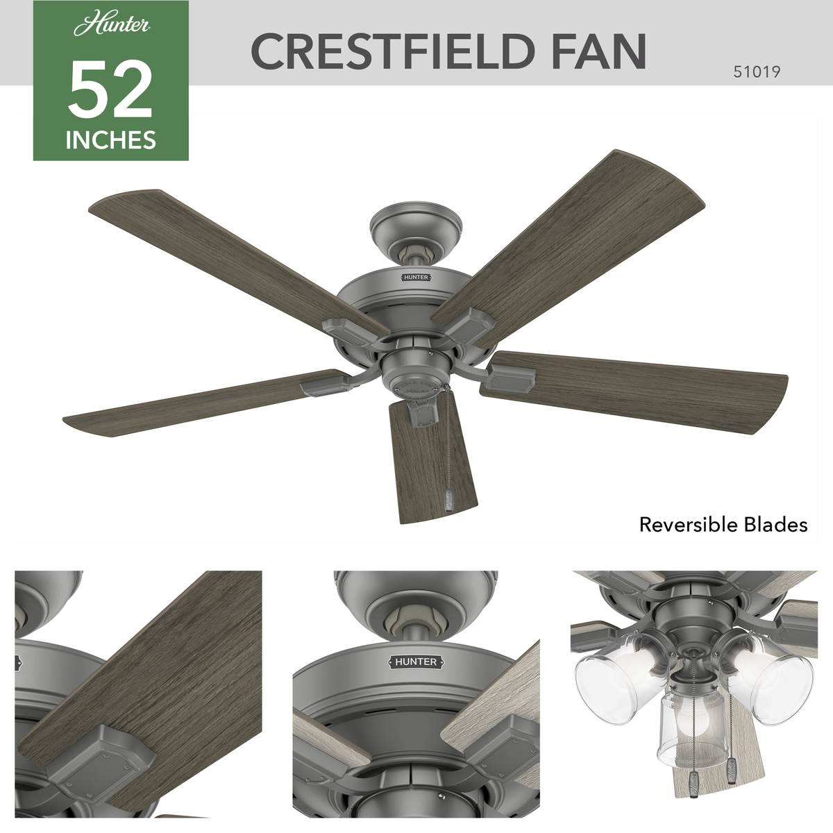 52 inch Crestfield Matte Silver Ceiling Fan with LED Light Kit and Pull Chain