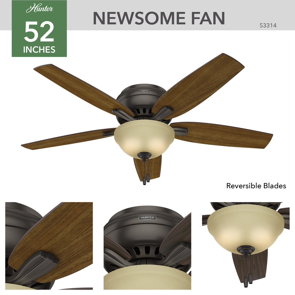 52 inch Newsome Premier Bronze Low Profile Ceiling Fan with LED Light Kit and Pull Chain