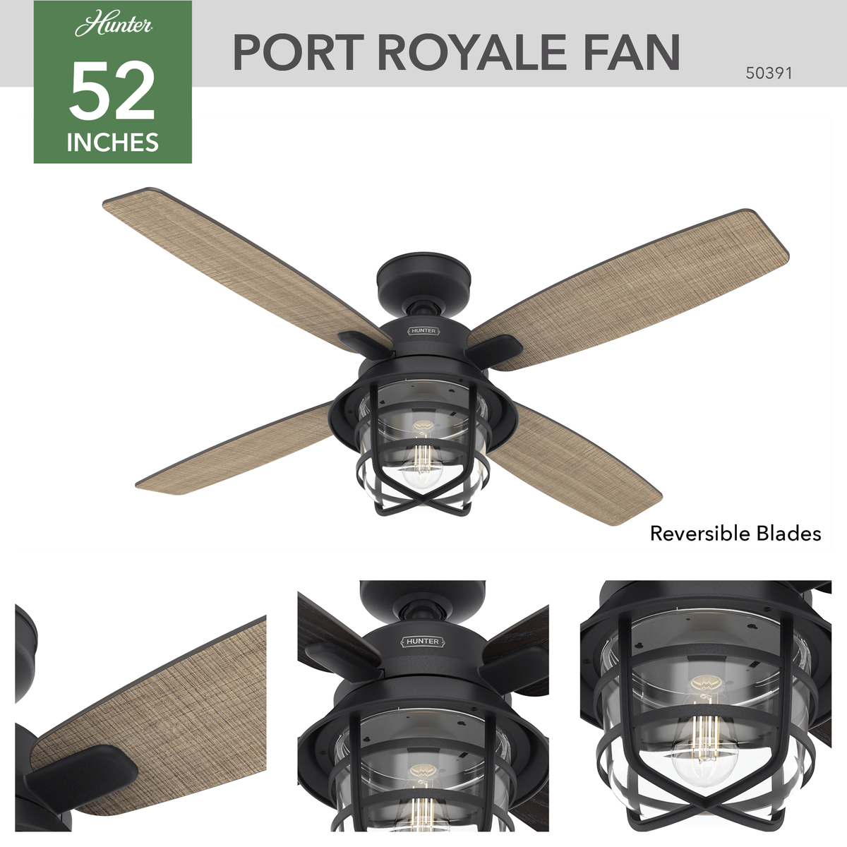 52 inch Port Royale Natural Black Iron Damp Rated Ceiling Fan with LED Light Kit and Handheld Remote