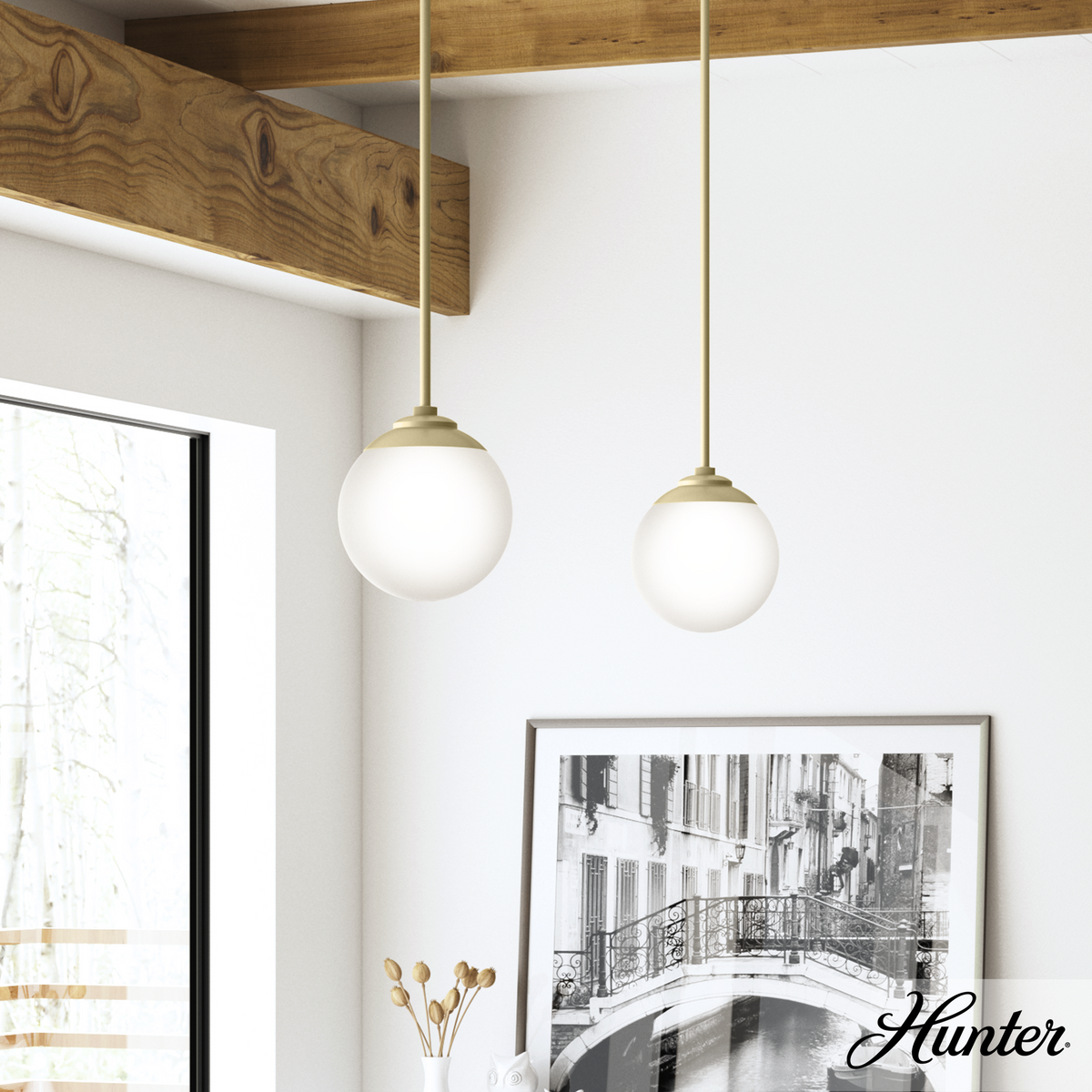 Hepburn 8-inch 1-light Modern Brass Globe Pendant with Cased White Glass