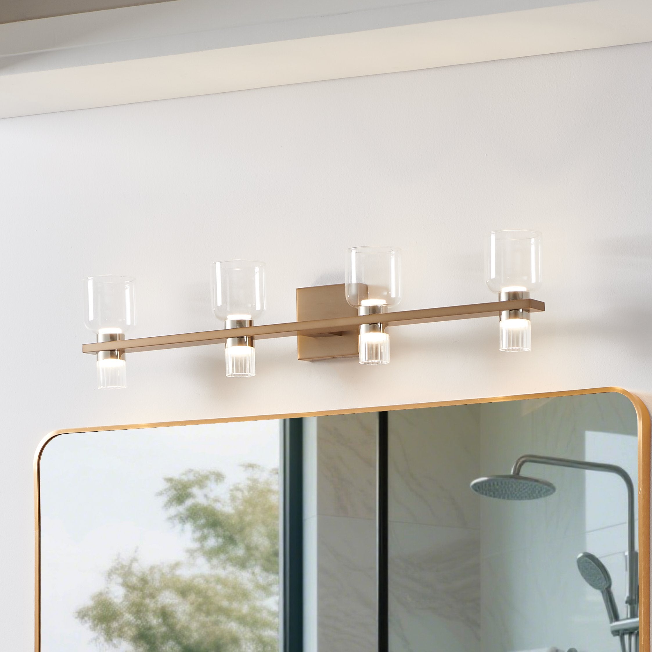 Amelia 34-inch 8-light Champagne Gold and Polished Nickel 5CCT LED Vanity Light with Clear and Clear Ribbed Glass