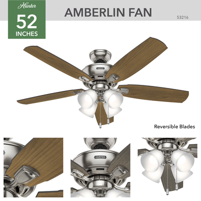 52 inch Amberlin Brushed Nickel Ceiling Fan with LED Light Kit and Pull Chain