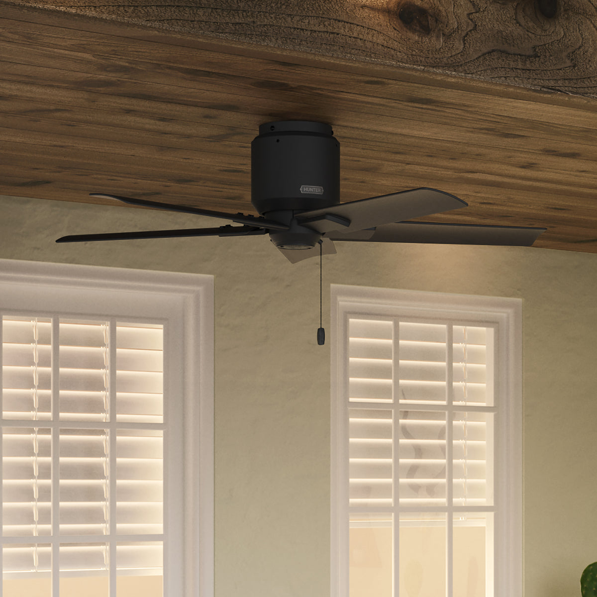 44 inch Terrace Cove Matte Black Low Profile Damp Rated Ceiling Fan and Pull Chain