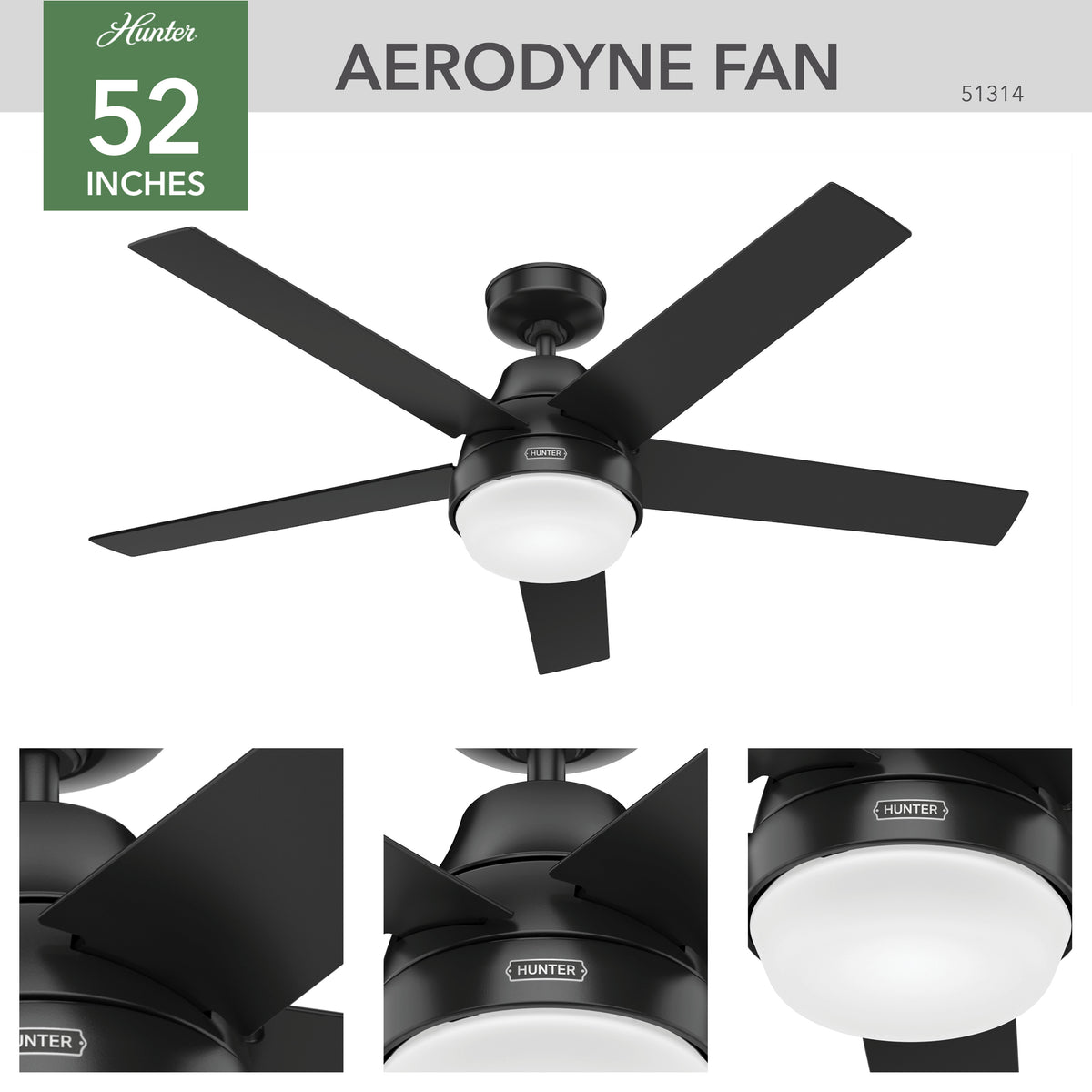 52 inch Aerodyne Wi-Fi Matte Black Ceiling Fan with LED Light Kit and Handheld Remote