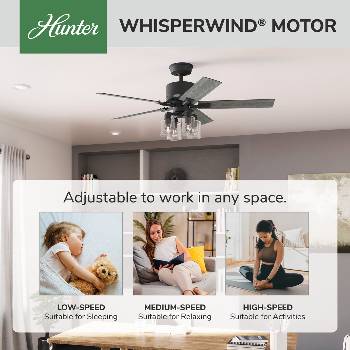 52 inch Techne Wi-Fi HunterExpress Matte Black Ceiling Fan with LED Light Kit and Handheld Remote