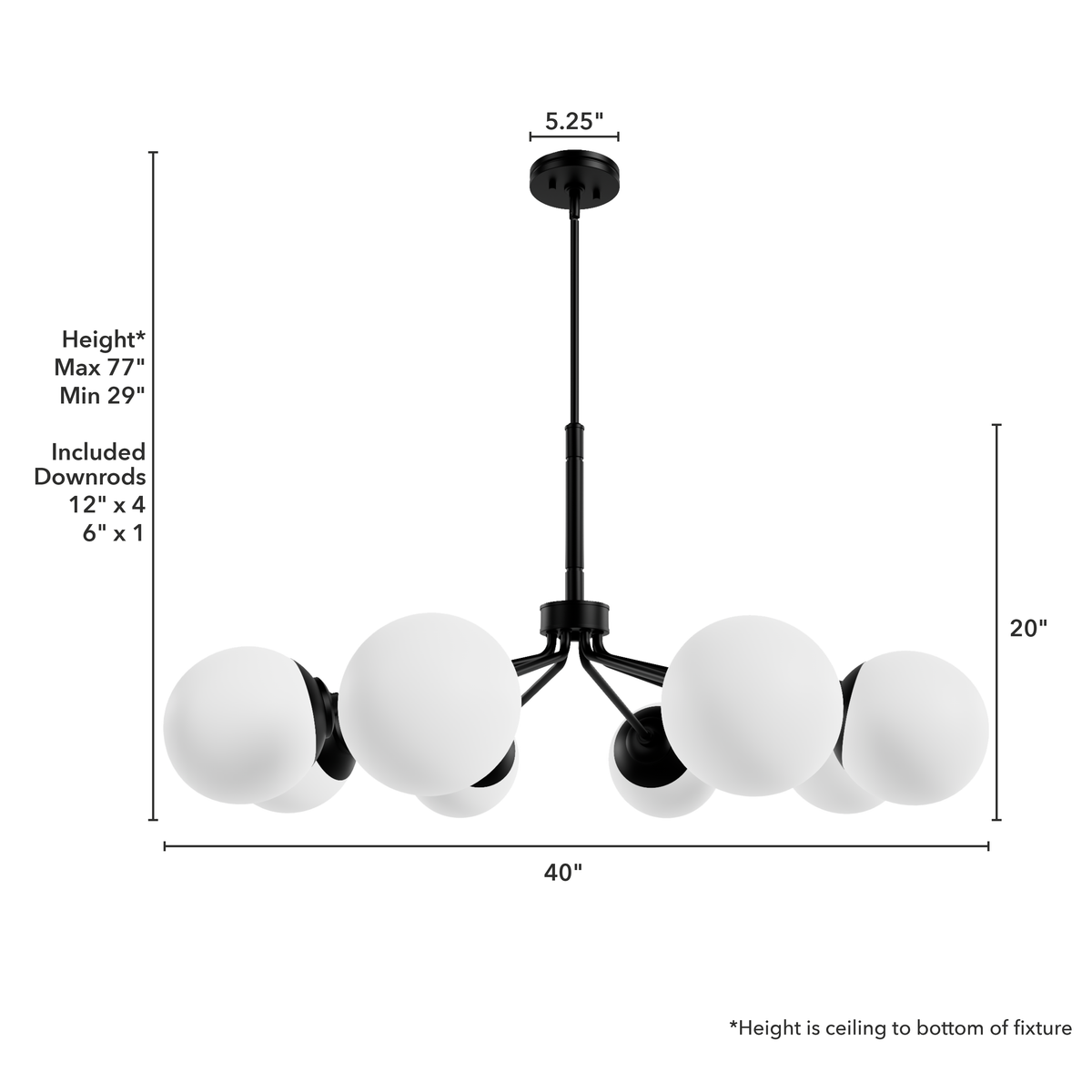 Hepburn 40-inch 8-light Matte Black Chandelier with Cased White Glass