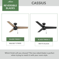 44 inch Cassius Matte Black Damp Rated Ceiling Fan and Pull Chain