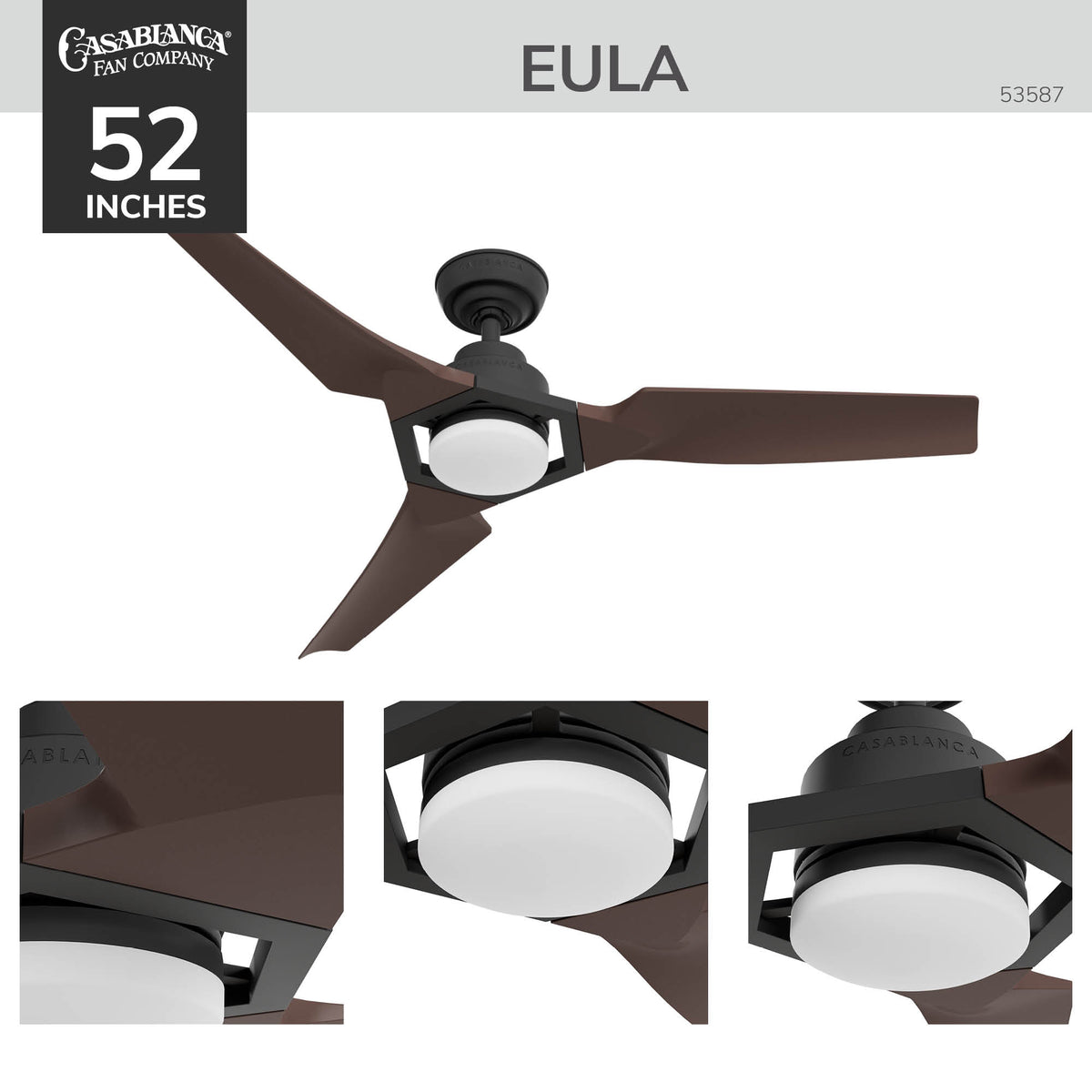 Casablanca 52 inch Eula ENERGY STAR® Matte Black Damp Rated Ceiling Fan with LED Light Kit and Wall Control and Handheld Remote