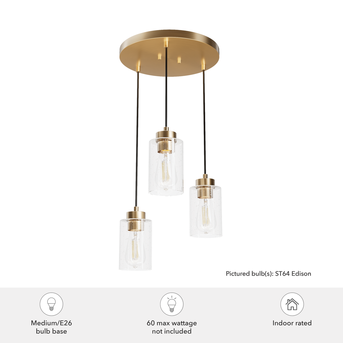 Hartland 13.75-inch 3-light Alturas Gold Round Pendant Cluster with Seeded Glass