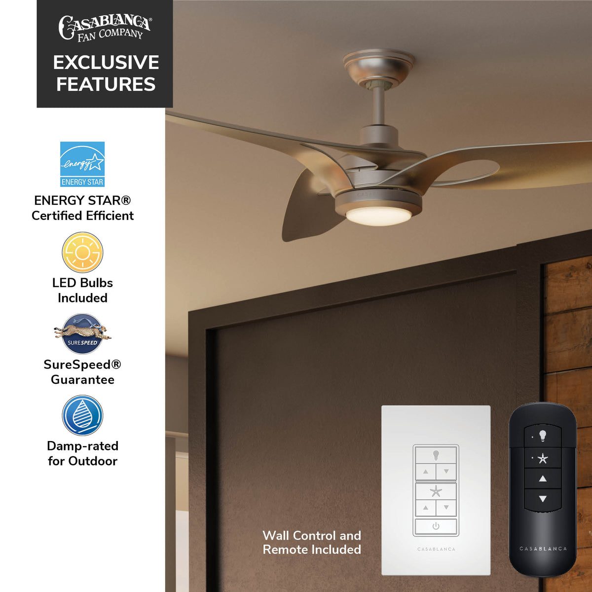 Casablanca 60 inch Inez ENERGY STAR® Brushed Nickel Damp Rated LED Ceiling Fan with Wall Control and Handheld Remote