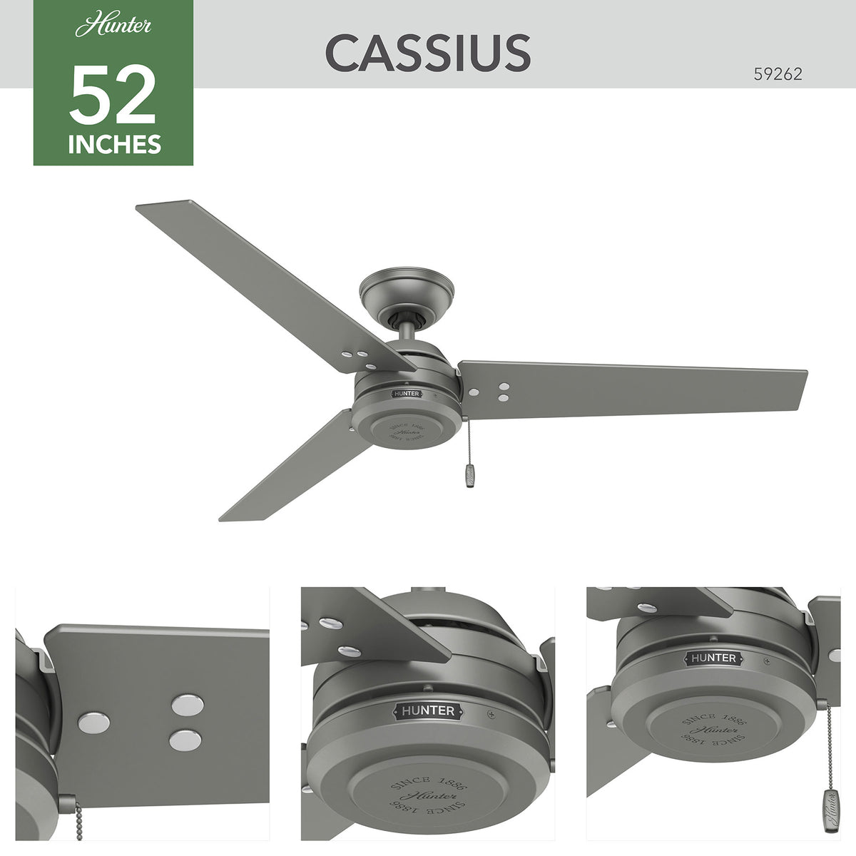 52 inch Cassius Matte Silver Damp Rated Ceiling Fan and Pull Chain